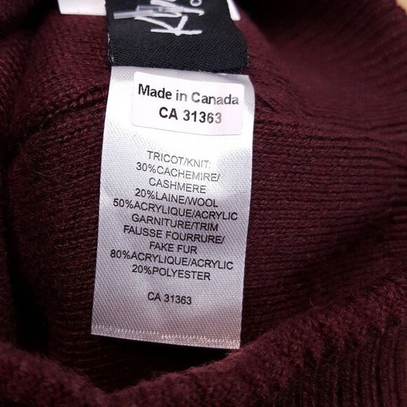 KYI KYI CANADA Womens Beanie Hat Burgundy Wool Cashmere Faux Fur Pom Pom $70 - Picture 3 of 4